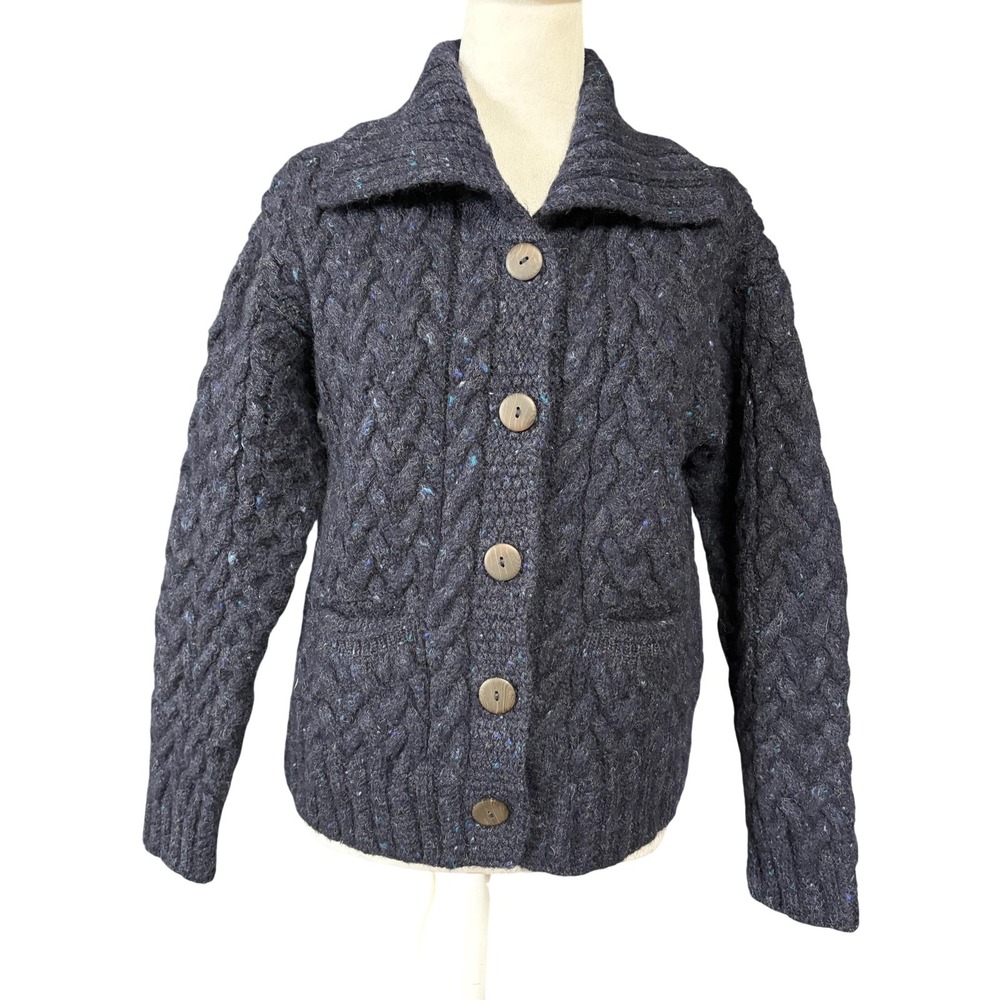 Blarney Woollen Mills Cardigan Sweater Womens M Gray Wool Cable Knit Collared